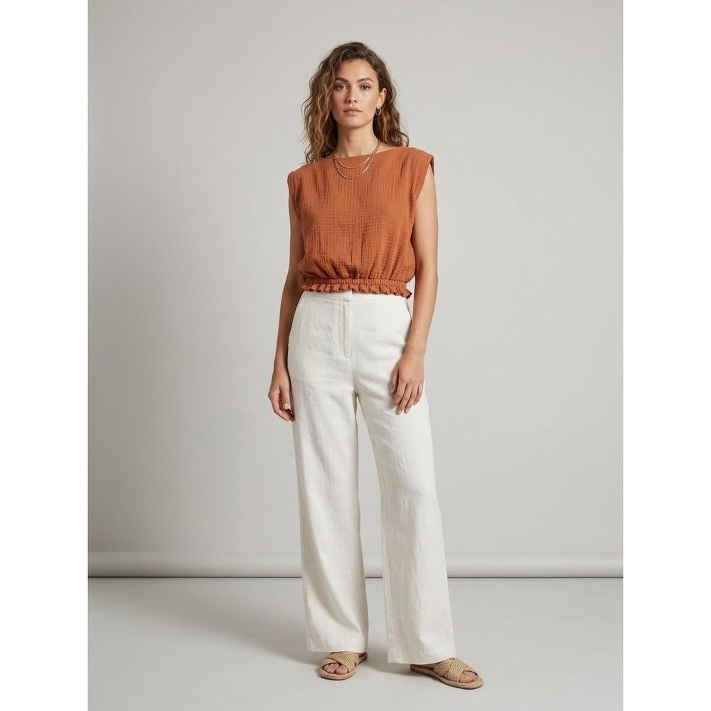 A New Day Gauze Top Womens XS Rust Orange Sleeveless Cropped Elastic Hem Keyhole